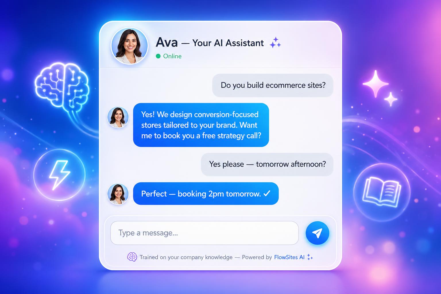FlowSites AI assistant chat widget trained on your company knowledge